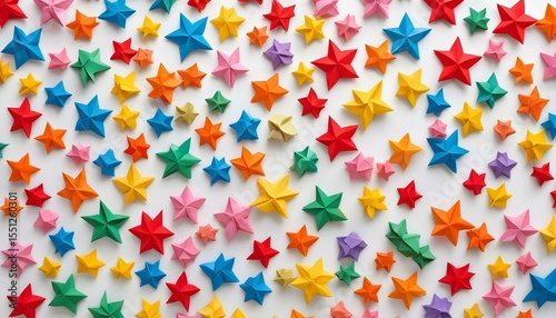 Colorful origami stars scattered on a white background, creating a vibrant and festive pattern.