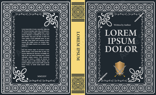 025-19-Ornate book cover design with decorative frames, shield, swords, and sample text, suitable for historical or fantasy novels. Hand drawn illustration