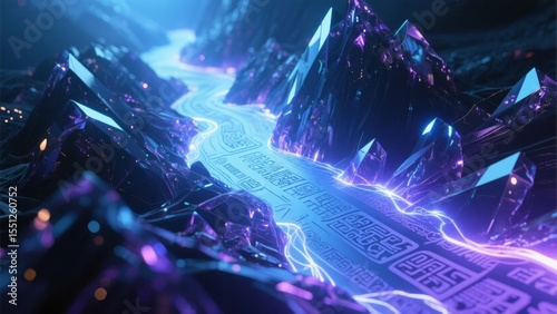 Futuristic Landscape with Glowing River and Crystal Mountains