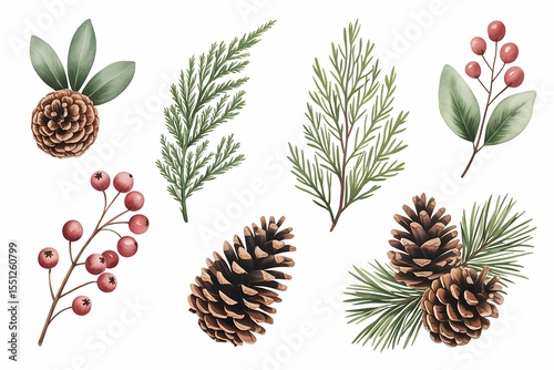Watercolor Winter Botanicals: Pine Cones, Berries & Greenery for Festive Designs
