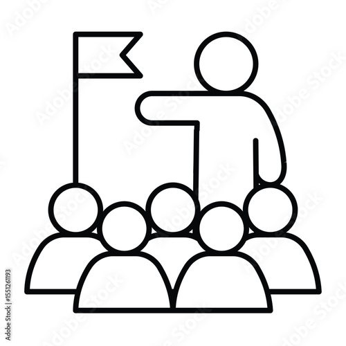Man with flag and crowd of people thin line icon, city museum concept. Vector graphics. Guided tour for visitors, audience sign on white background, style mobile or design.