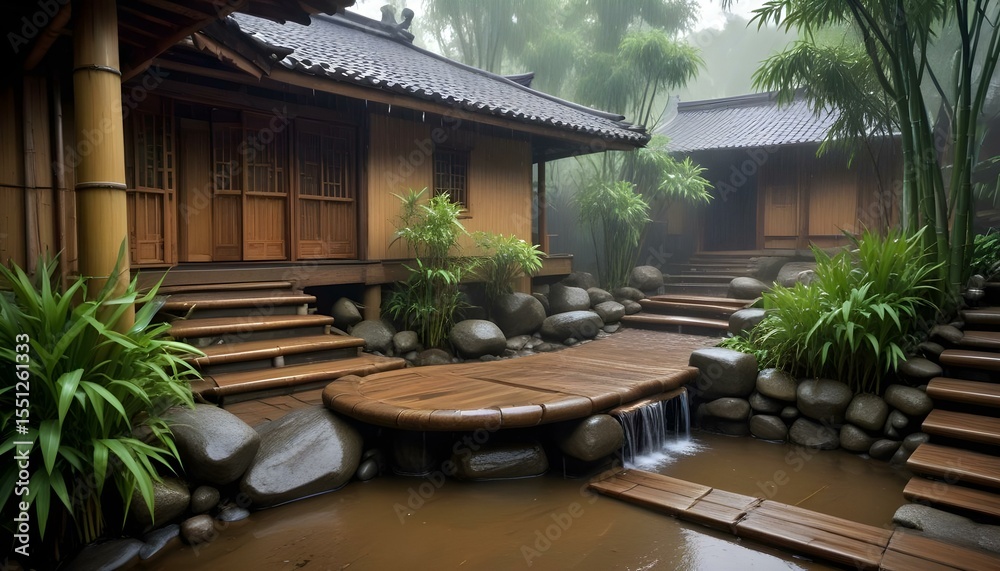 Fototapeta premium Discover the beauty of a tranquil Japanese garden with serene wooden structures.