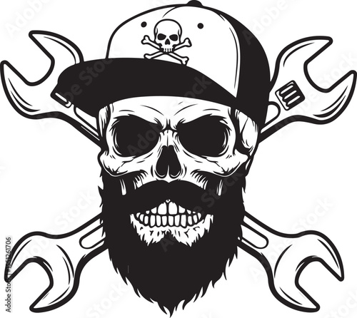 Skull Mechanic Bearded Skull with Wrench Crossbones and Baseball Cap
