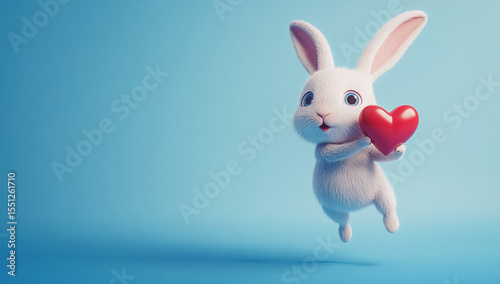 Charming cartoon bunny holding heart-shaped symbol, flying freely in the sky