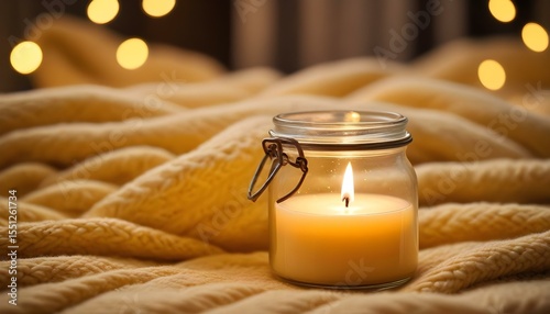 A warm candle flame glows gently, casting light on a cozy blanket.