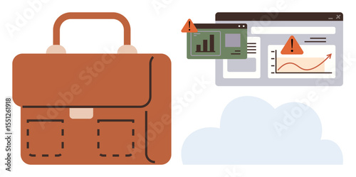 Brown business briefcase next to a cloud and a data dashboard with warning alerts. Ideal for technology, security, business, analytics, cloud computing, risk management, simple flat metaphor