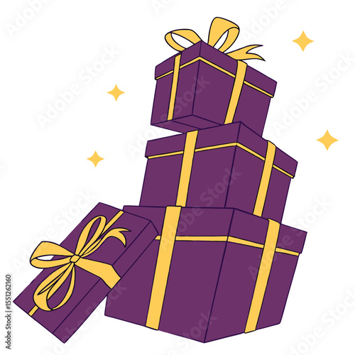 A stack of purple gift boxes with yellow ribbons