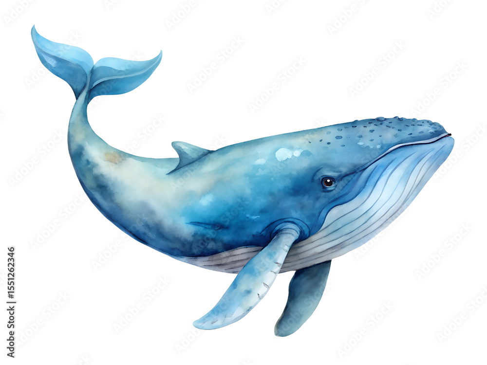 Fototapeta premium Blue Whale Watercolor Painting on Transparent Background, Watercolor Clipart Illustration With Isolated Background.