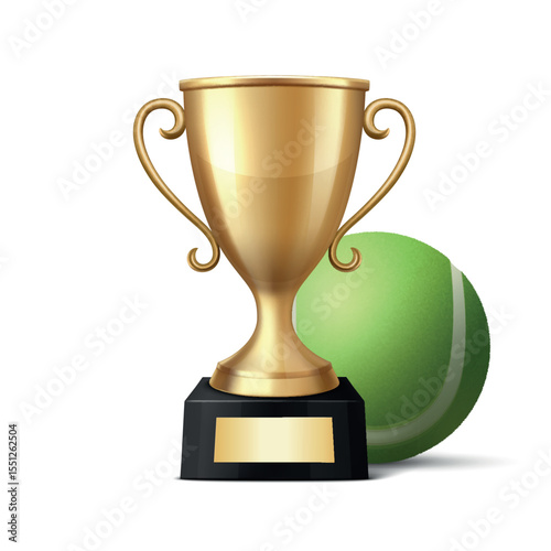 Vector 3d Realistic Golden Trophy Cup with Tennis Ball. Sports Award Illustration for Tennis Tournament, Match Victory, Champion Prize, Sports Event Design, Competition Reward, Winner Concept