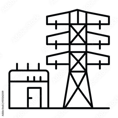 Transformer box and high voltage pole thin line icon, electrical service concept. Vector graphics. Electrical safety sign on white background, style mobile or design.