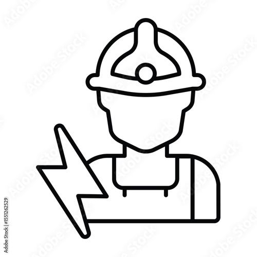 Electrician with helmet and lightning thin line icon, electrical service concept. Vector graphics. Handy man with flashlight sign on white background, style mobile or design.