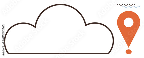 Cloud outline connected with an orange map pin symbol, accompanied by simple wavy lines. Ideal for data storage, connectivity, location services, navigation, innovation, technology, minimalistic