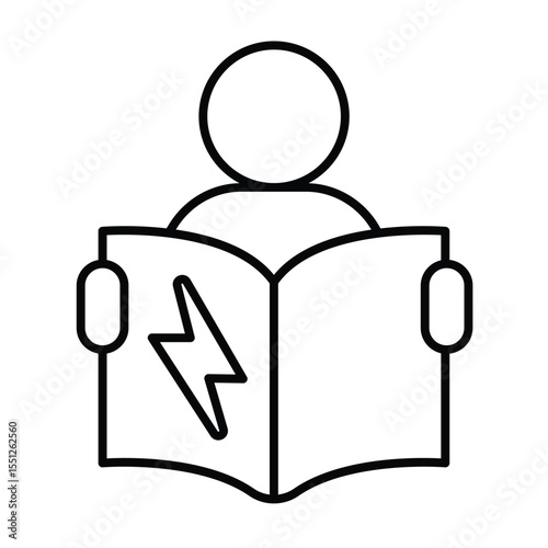 Man with manual book and lightning thin line icon, electrical service concept. Vector graphics. Electrician with report book sign on white background, style mobile or design.