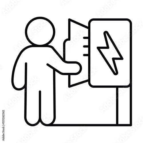 Electrician and wires box with lightning thin line icon, electrical service concept. Vector graphics. Human and electricity sign on white background, style mobile or design.