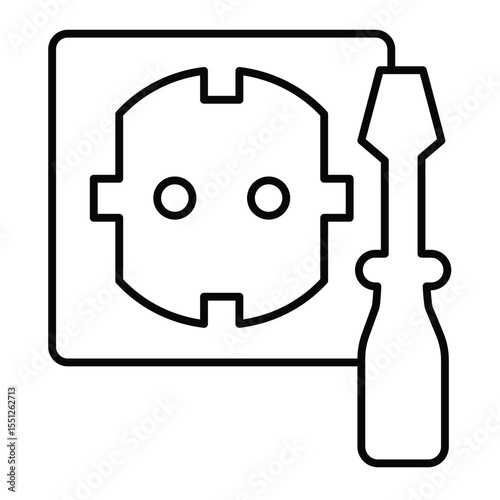 Screwdriver with socket thin line icon, electrician service concept. Vector graphics. Socket for electrical plug, repair sign on white background, style mobile or design.