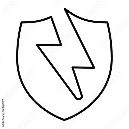 Lightning bolt on emblem thin line icon, electrician service concept. Vector graphics. Electrical safety shield, electricity sign on white background, style mobile or design.
