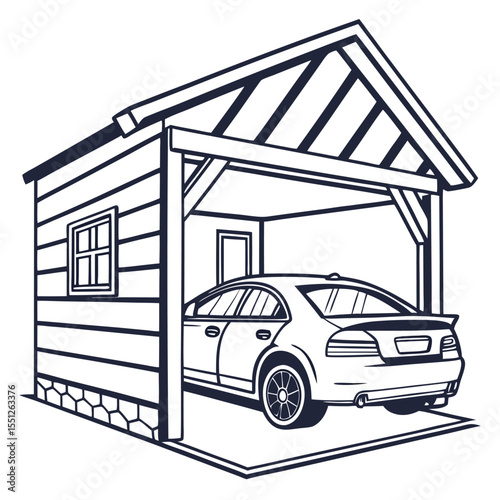Line art illustration of a car parked in a wooden carport