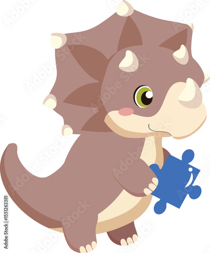 Adorable Triceratops Dinosaur Cartoon Illustration Perfect for Kids' Books, Puzzles, and Educational Materials