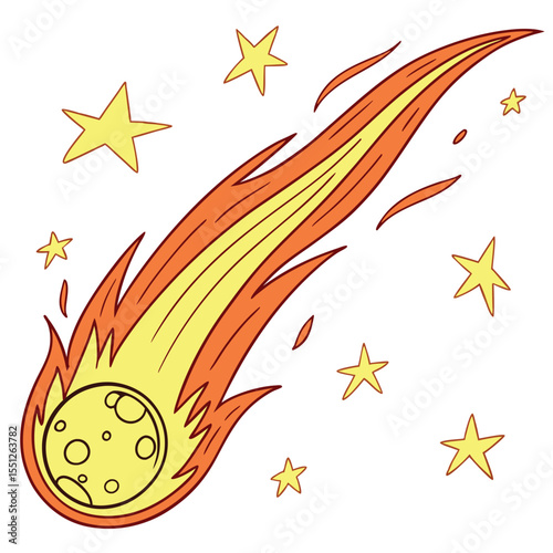 Cartoon illustration of a fiery meteoroid falling through space