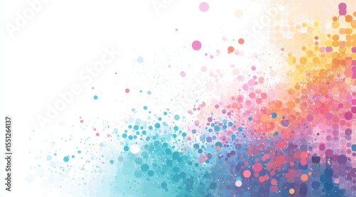 A vibrant, abstract watercolor-style illustration featuring a profusion of colorful, translucent dots and circles, graduating from cool to warm tones on a white background
