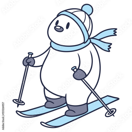 Adorable cartoon penguin skiing downhill in winter