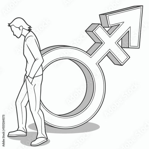 Man leaning against large male gender symbol illustration