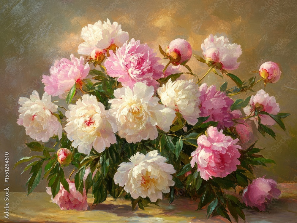 Fototapeta premium A lush bouquet of pink and white peonies in full bloom, softly lit by golden sunlight