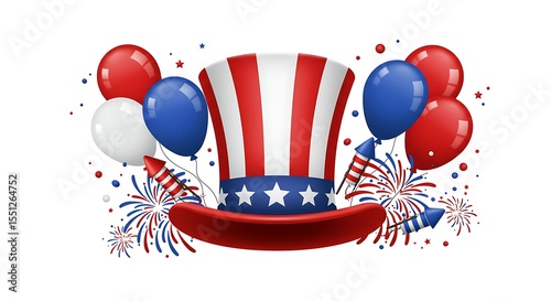 Uncle Sam patriotic top hat with balloons and fireworks isolated on a white background