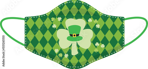 Celebrate St. Patrick's Day with this festive face mask featuring a shamrock and leprechaun hat design on a green diamond pattern. Perfect for parades and parties!