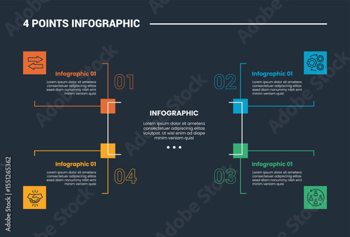 4 stage infographic process diagram with corners shape angles with dark background bright outline style