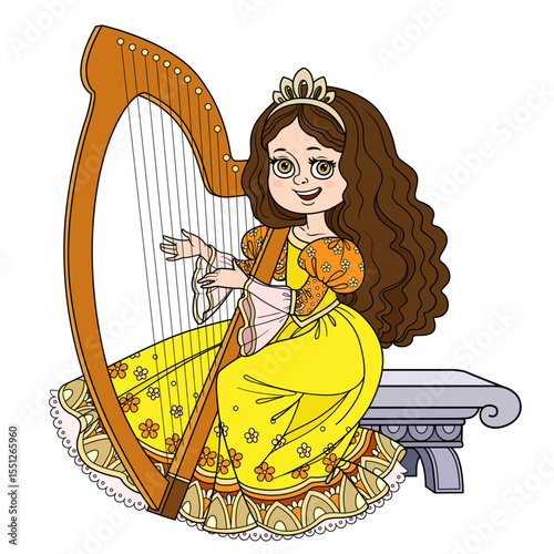 Beautiful brunette princess in yellow dress playing the celtic harp on white background