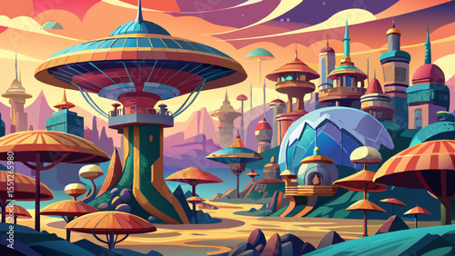  painted cityscape of alien parasol megastructures on a distant planet
