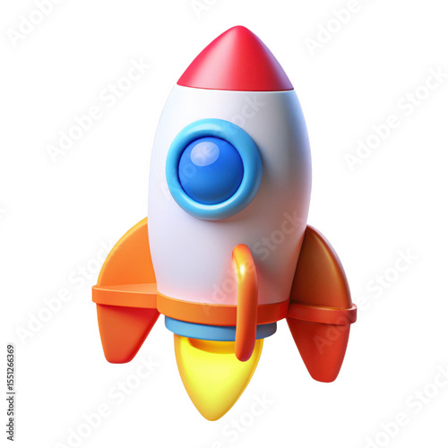 Cartoon Rocket Ship Orange Red Blue White Yellow Flame isolated on a transparent background