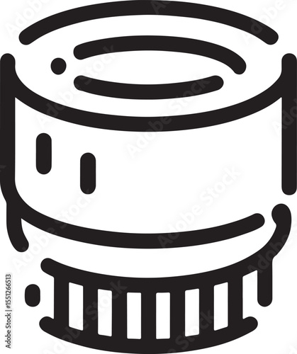 Sleek Black and White Line Art Illustration of a Camera Lens with Detailed Grooves and a Circular Body