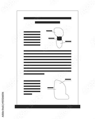 Science poster presentation with diagrams and text blocks 2D line object. Informative research paper. Engineering learning isolated clipart vector ink outline item. Monochrome spot illustration