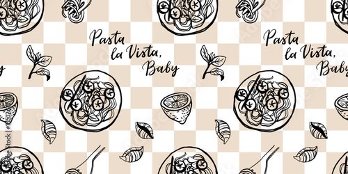 Hand drawn Mediterranean cuisine seamless pattern. Italy la dolce vita coast food coastal print, wrap paper, retro fabric, textile design. Doodle sketch crayon drawing style vector illustration.