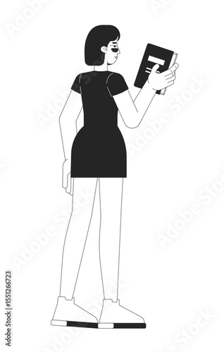 Young chinese woman holding book and facing away 2D line character. Asian girl in sunglasses and short sleeved dress reading novel isolated vector ink outline person. Monochromatic spot illustration