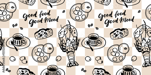 Hand drawn Mediterranean cuisine seamless pattern. Italy la dolce vita coast food coastal print, wrap paper, retro fabric, textile design. Doodle sketch crayon drawing style vector illustration.