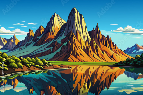 towering mountain perfectly reflected in a calm vector, crystal-clear lake, ideal for travel, nature, or outdoor adventure concepts and themes