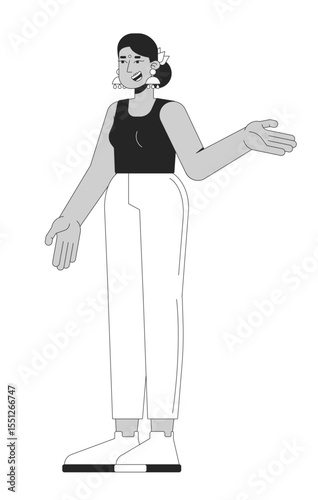 Hindu woman in casual wear gesturing while talking 2D line character. Modern indian female expressive pose friendly speaking isolated vector ink outline person. Monochromatic spot illustration