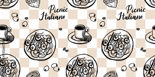 Hand drawn Mediterranean cuisine seamless pattern. Italy la dolce vita coast food coastal print, wrap paper, retro fabric, textile design. Doodle sketch crayon drawing style vector illustration.