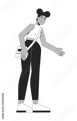 Modern black woman with crossbody bag reaching out 2D line character. African american girl leaning forward in casual fashion isolated vector ink outline person. Monochromatic spot illustration