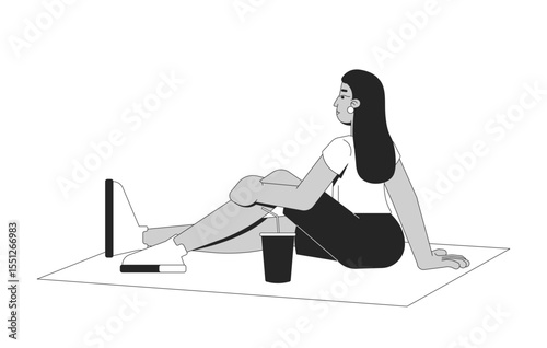 Modern indian woman lounging with drink on picnic blanket 2D line character. Relaxing moment. South asian girl enjoying solo rest isolated vector ink outline person. Monochromatic spot illustration