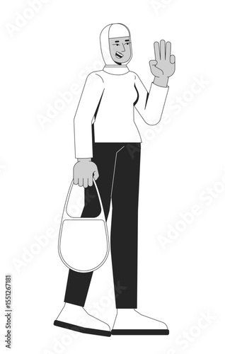 Cheerful hijab woman walking with three fingers salute 2D line character. Modest muslim female carrying handbag, welcoming gesture isolated vector ink outline person. Monochromatic spot illustration