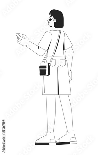 Trendy gen z asian girl with crossbody bag facing away 2D line character. Stylish millennial woman standing in summer clothing isolated vector ink outline person. Monochromatic spot illustration