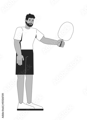 Bearded black man holding cotton candy treat 2D line character. Summer mood. African american guy standing with sweet snack isolated vector ink outline person. Monochromatic spot illustration