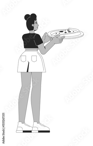 Gen z african american woman holding pizza slice on plate 2D line character. Casual wear black girl serving pepperoni snack isolated vector ink outline person. Monochromatic spot illustration