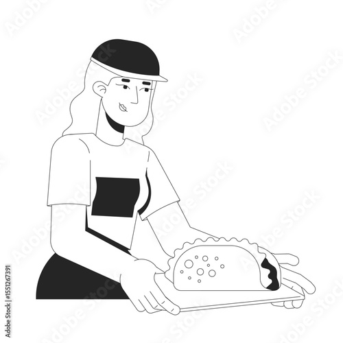 Blonde female fastfood worker serving taco on tray 2D line character. Caucasian woman wearing cap, fast food eatery vendor isolated vector ink outline person. Monochromatic spot illustration