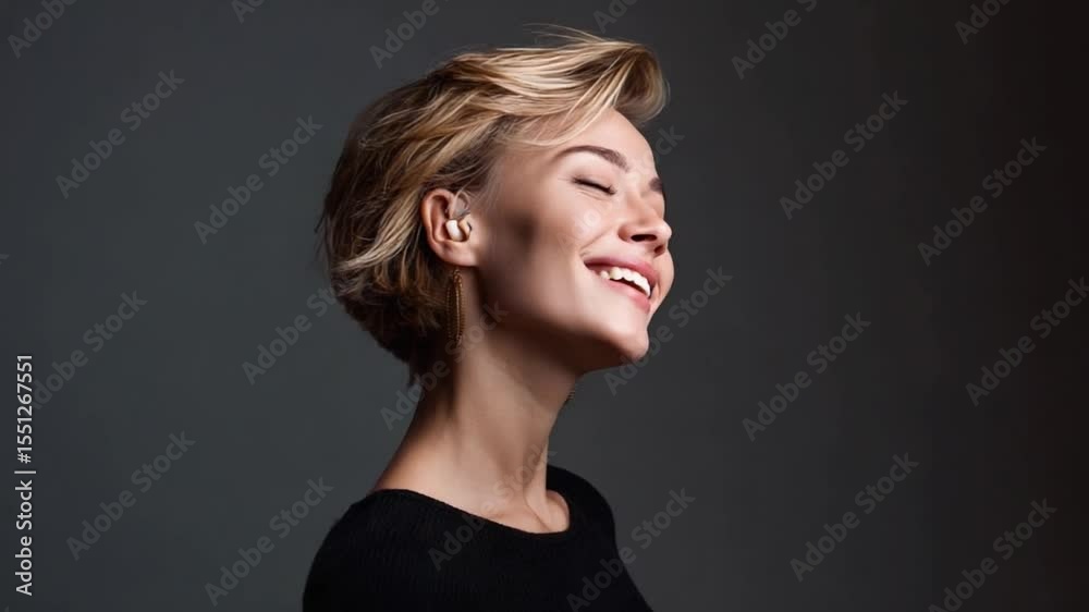 Pure Delight: A stunning young woman radiates happiness, closing her eyes in a moment of sheer bliss. Her side profile showcases a natural. Pure Delight: A stunning young woman radiates happiness, closing her eyes in a moment of sheer bliss. Her side profile showcases a natural.
