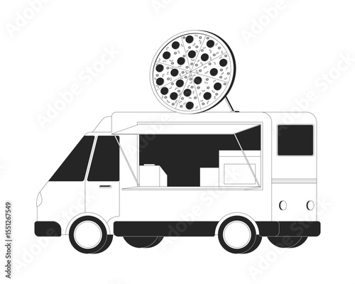 Pizza food truck with pepperoni signboard 2D line object. Mobile pizzeria with peperoni. Italian cuisine. Street food vehicle isolated clipart vector ink outline item. Monochrome spot illustration